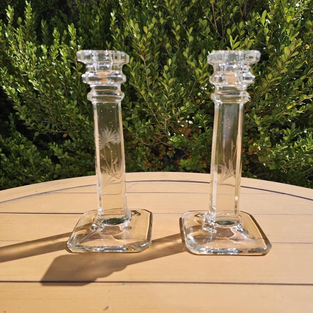 Vintage Westmoreland Etched Starburst Crystal Square Candlestick Holders